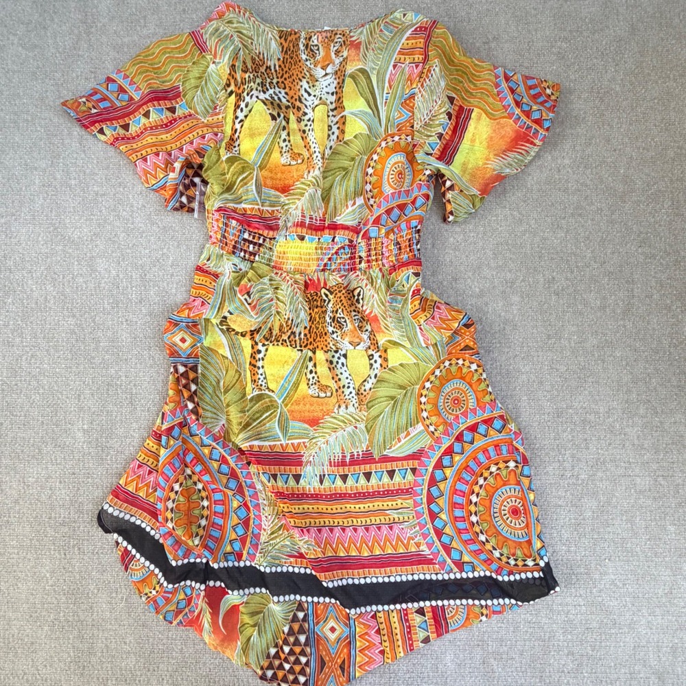 Live 4 Truth Women Orange Leopard Tropical Tribal Print V-Neck Mini Dress Medium